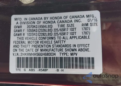 2016 Honda Cr-V Ex from USA, damaged, VIN 2HKRM4H56GH680034